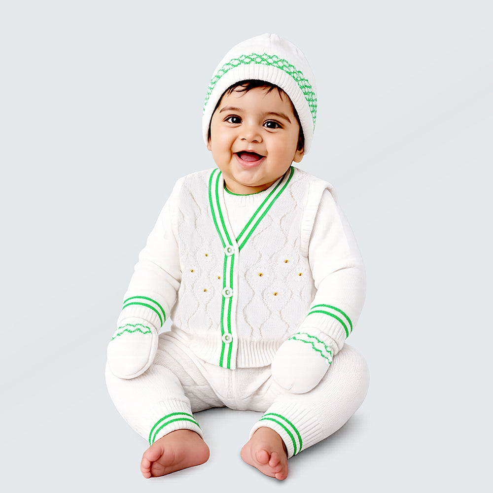 6-Piece Flower Green & Ivory Premium Knitted Winter Head-to-Toe Clothing Set for Baby