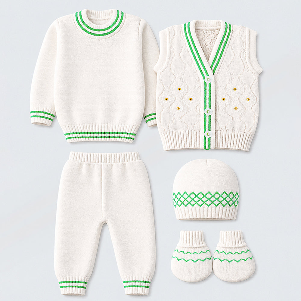 6-Piece Flower Green & Ivory Premium Knitted Winter Head-to-Toe Clothing Set for Baby