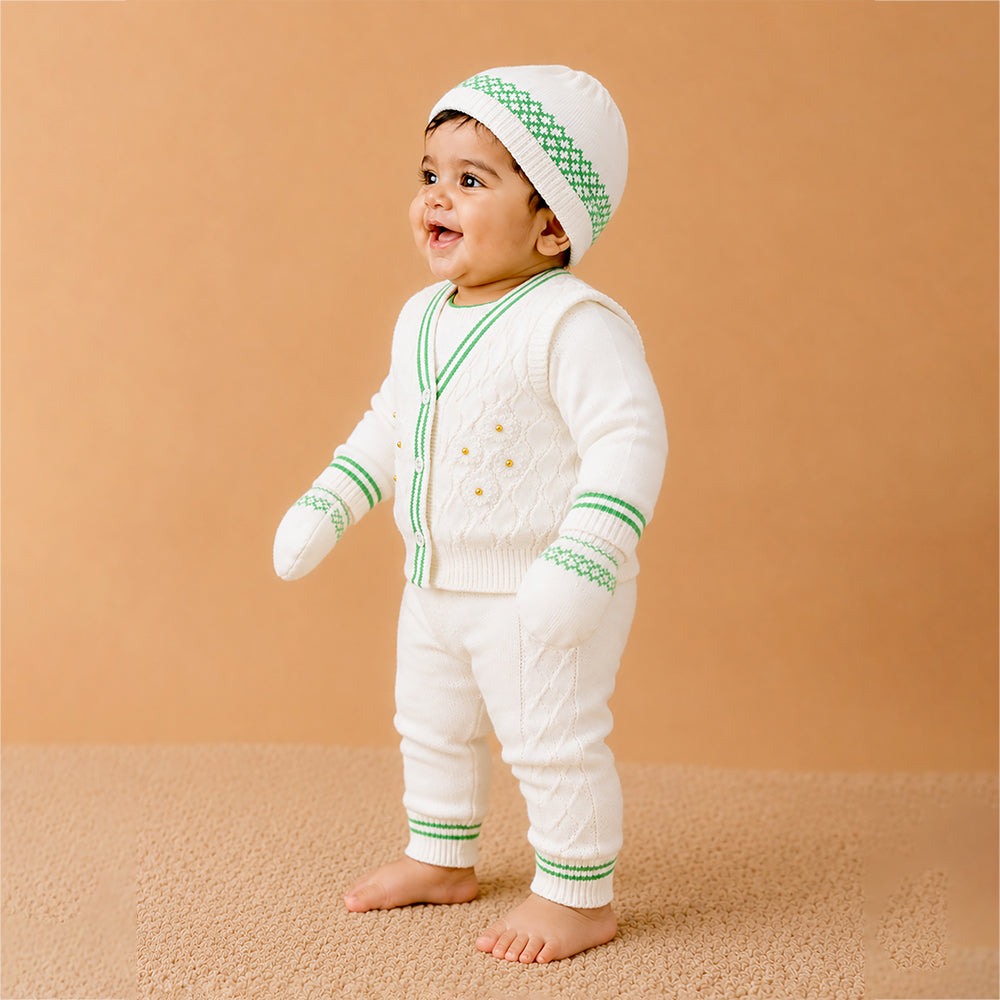 6-Piece Flower Green & Ivory Premium Knitted Winter Head-to-Toe Clothing Set for Baby