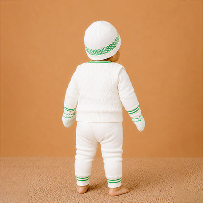 6-Piece Flower Green & Ivory Premium Knitted Winter Head-to-Toe Clothing Set for Baby