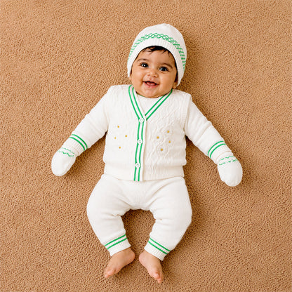 6-Piece Flower Green & Ivory Premium Knitted Winter Head-to-Toe Clothing Set for Baby