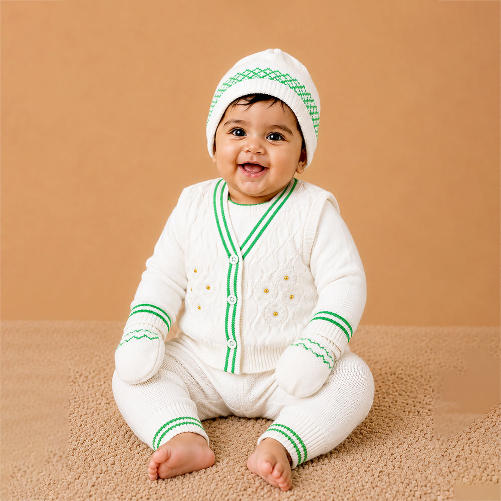 6-Piece Flower Green & Ivory Premium Knitted Winter Head-to-Toe Clothing Set for Baby