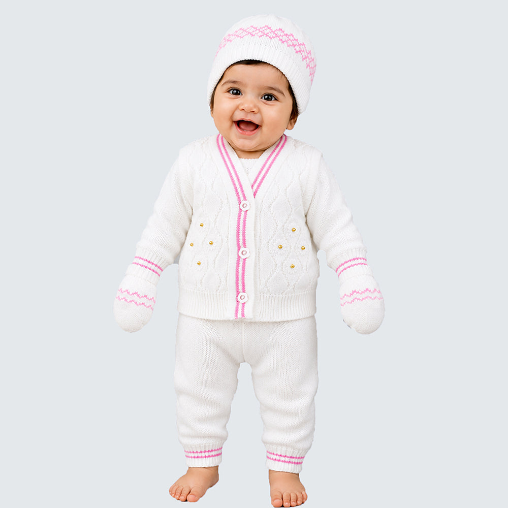 6-Piece Flower Pink & Ivory Premium Knitted Winter Head-to-Toe Clothing Set for Baby
