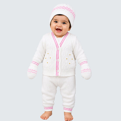 6-Piece Flower Pink & Ivory Premium Knitted Winter Head-to-Toe Clothing Set for Baby