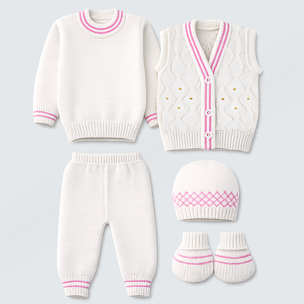 6-Piece Flower Pink & Ivory Premium Knitted Winter Head-to-Toe Clothing Set for Baby