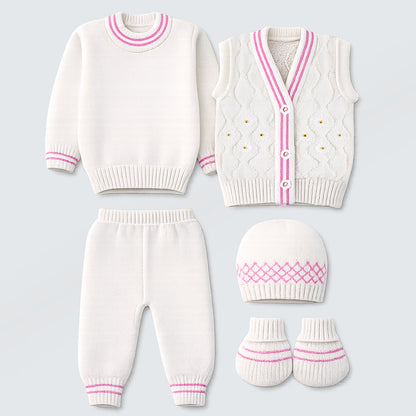 6-Piece Flower Pink & Ivory Premium Knitted Winter Head-to-Toe Clothing Set for Baby