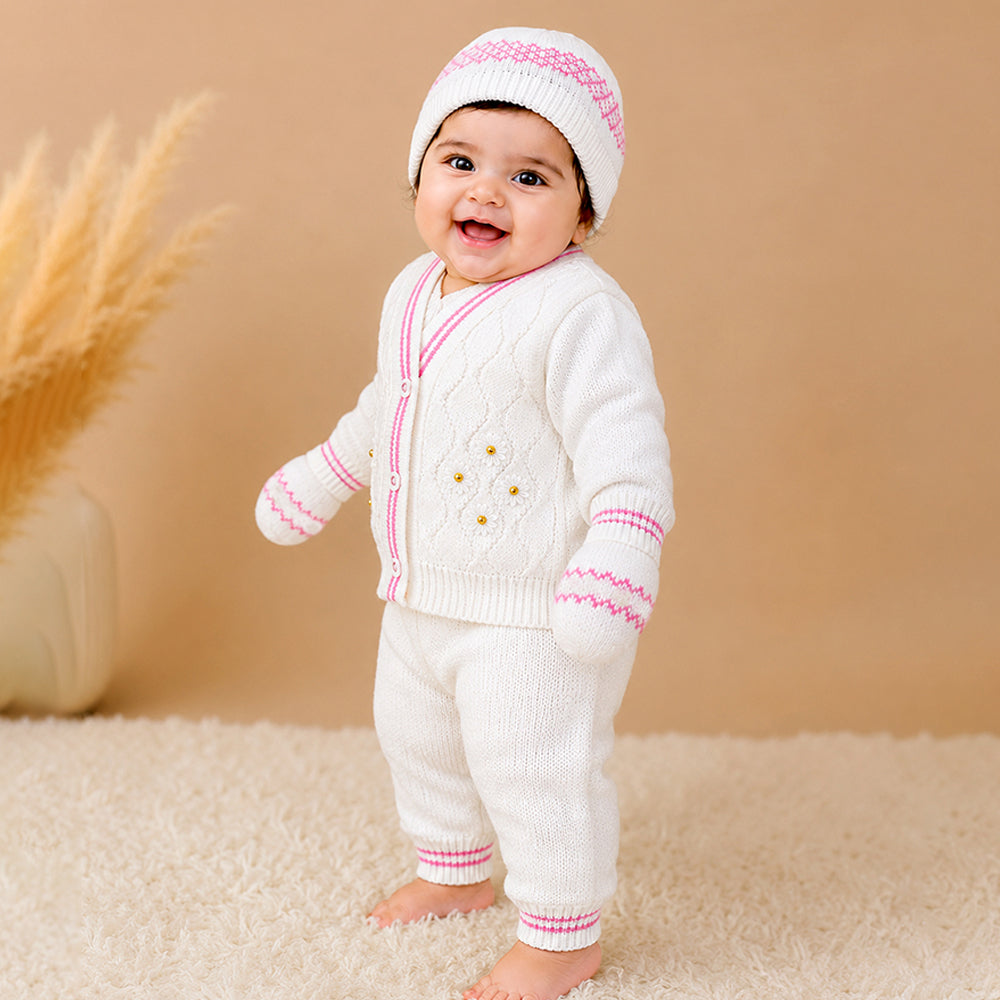 6-Piece Flower Pink & Ivory Premium Knitted Winter Head-to-Toe Clothing Set for Baby