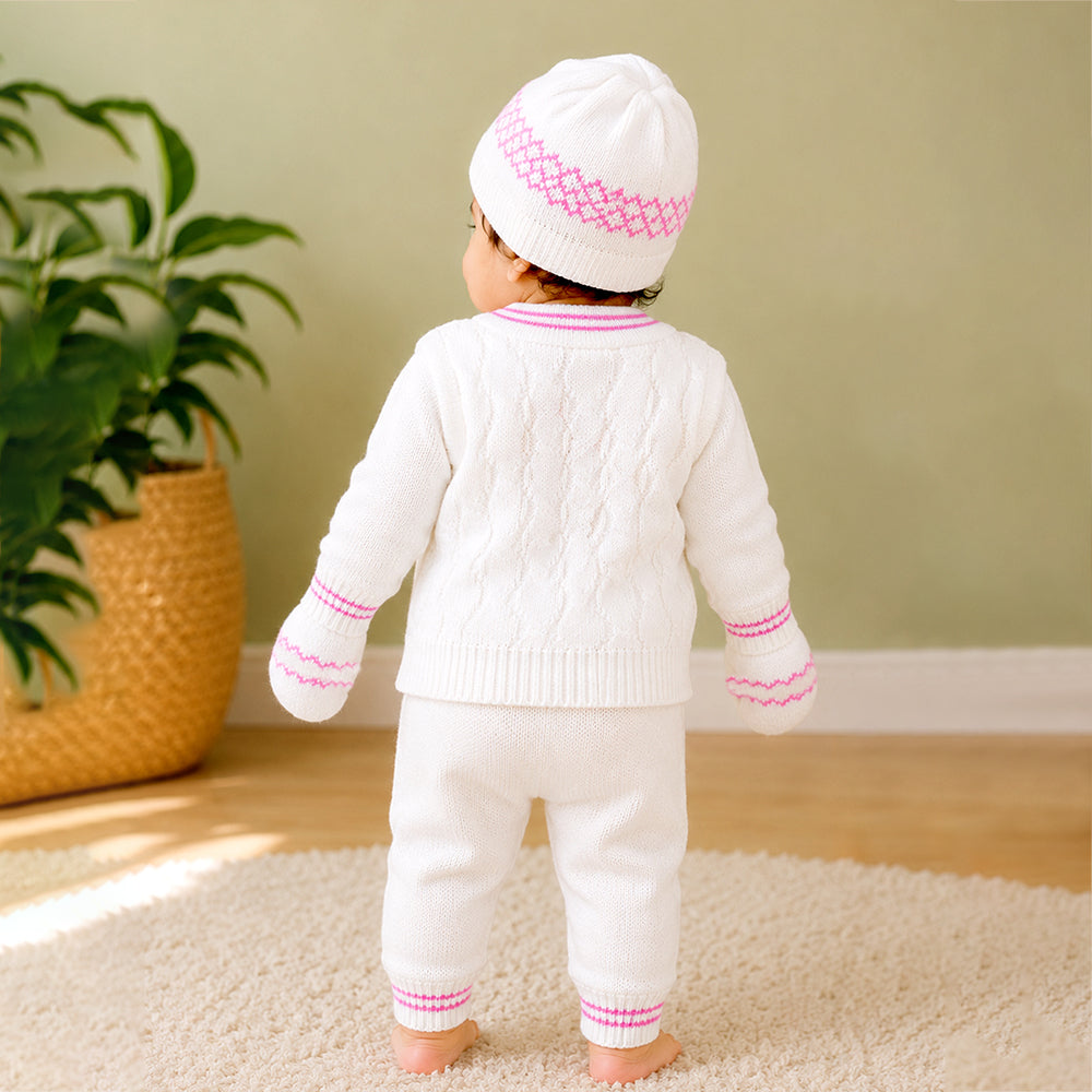 6-Piece Flower Pink & Ivory Premium Knitted Winter Head-to-Toe Clothing Set for Baby