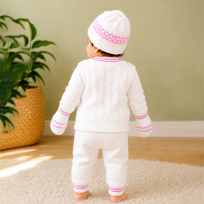 6-Piece Flower Pink & Ivory Premium Knitted Winter Head-to-Toe Clothing Set for Baby