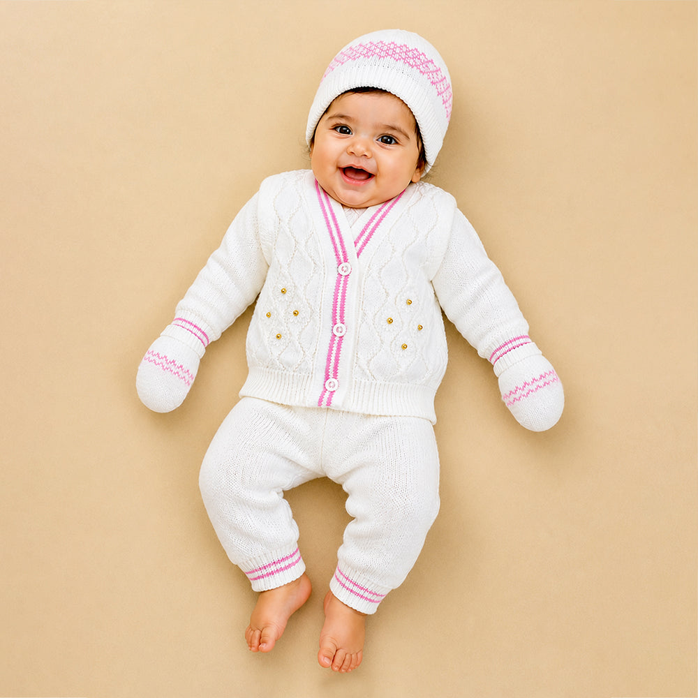 6-Piece Flower Pink & Ivory Premium Knitted Winter Head-to-Toe Clothing Set for Baby