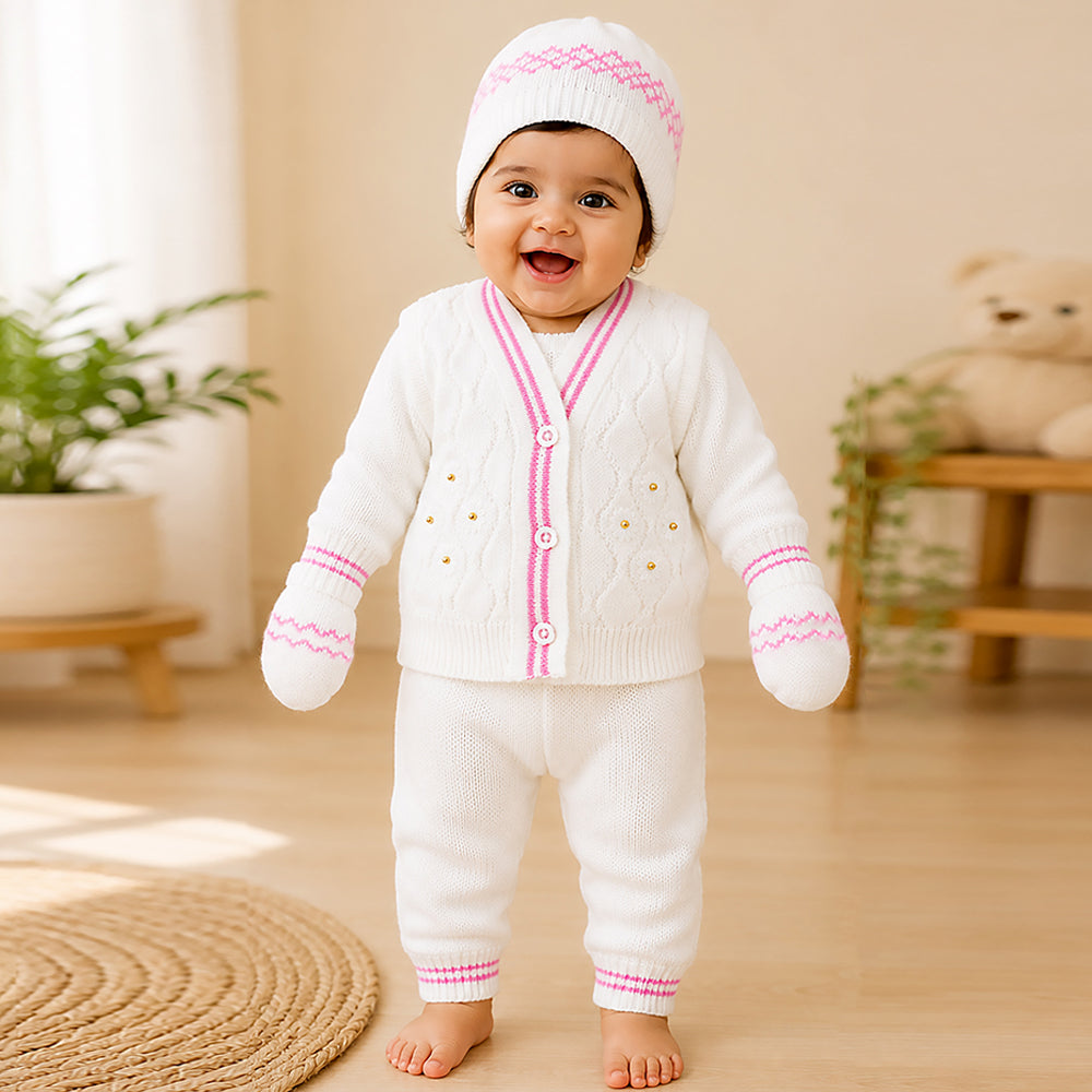 6-Piece Flower Pink & Ivory Premium Knitted Winter Head-to-Toe Clothing Set for Baby