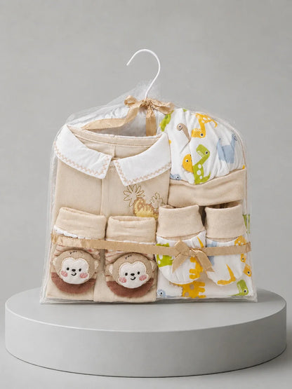 9 Pcs Beige Animal Print Newborn Baby Gift Hamper (0-6 Months)