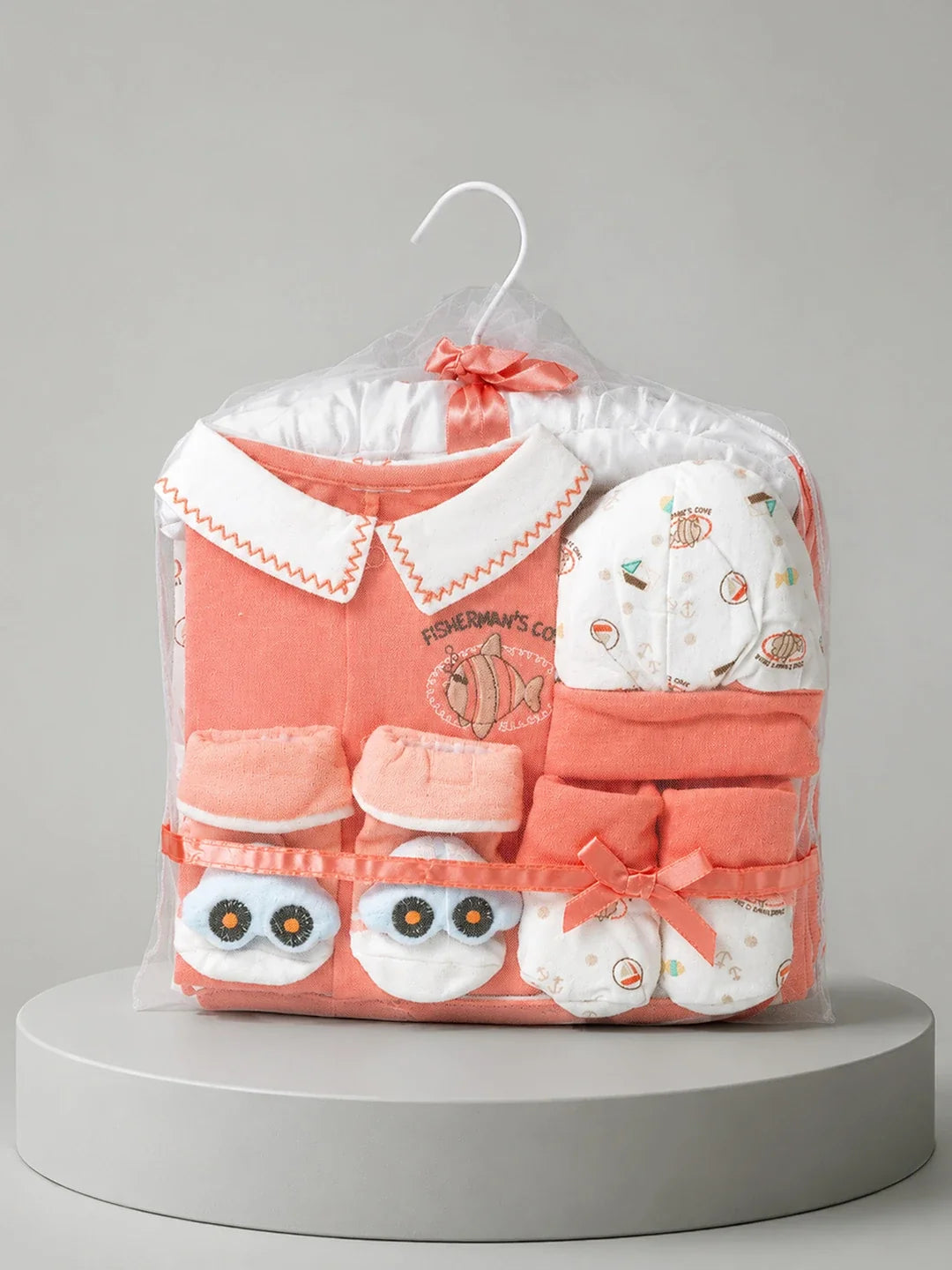 9 Pcs Peach Fish Print Newborn Baby Gift Hamper (0-6 Months)