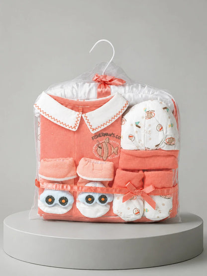 9 Pcs Peach Fish Print Newborn Baby Gift Hamper (0-6 Months)
