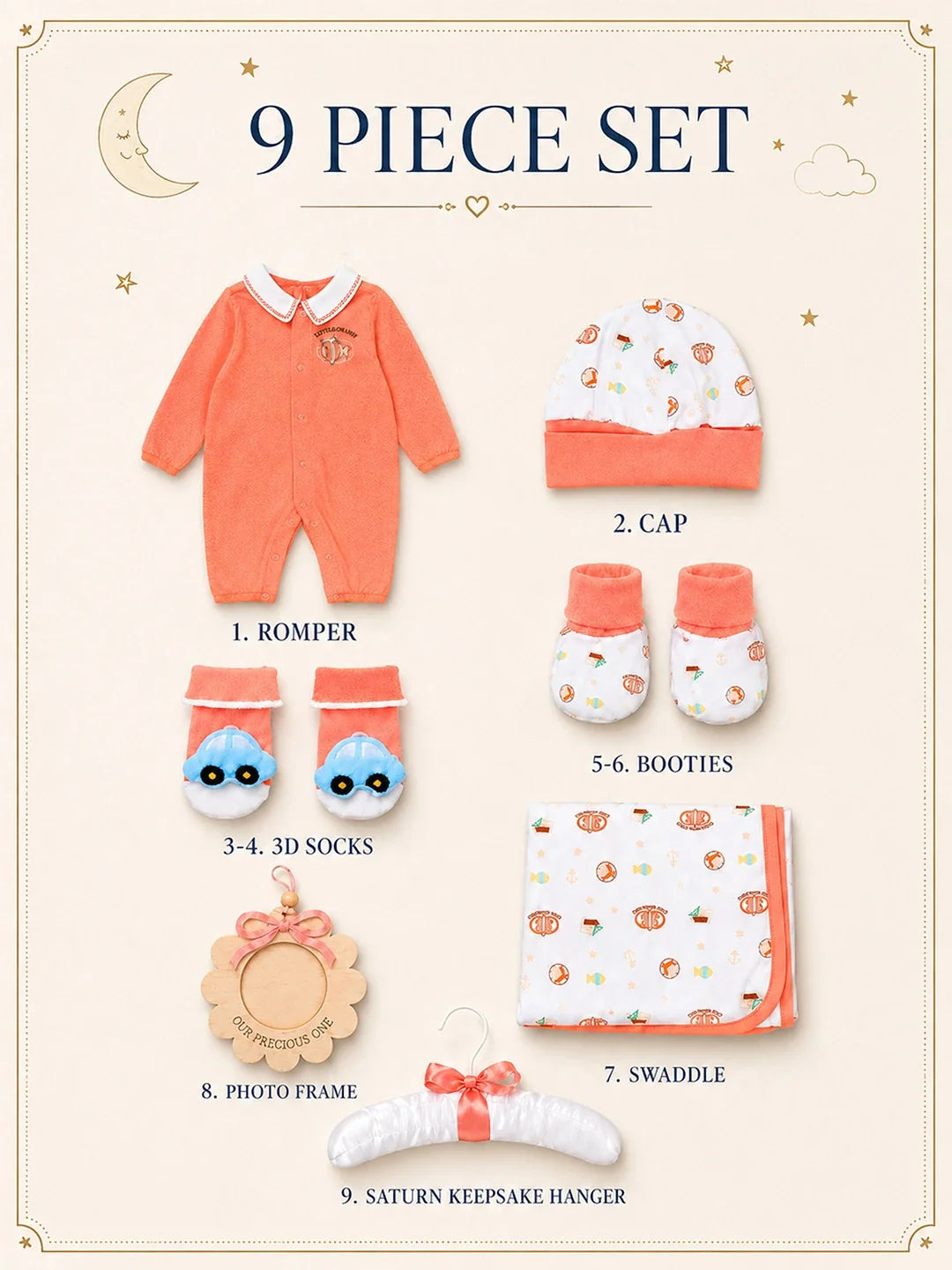 9 Pcs Peach Fish Print Newborn Baby Gift Hamper (0-6 Months)