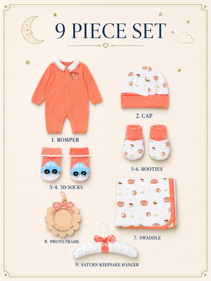 9 Pcs Peach Fish Print Newborn Baby Gift Hamper (0-6 Months)