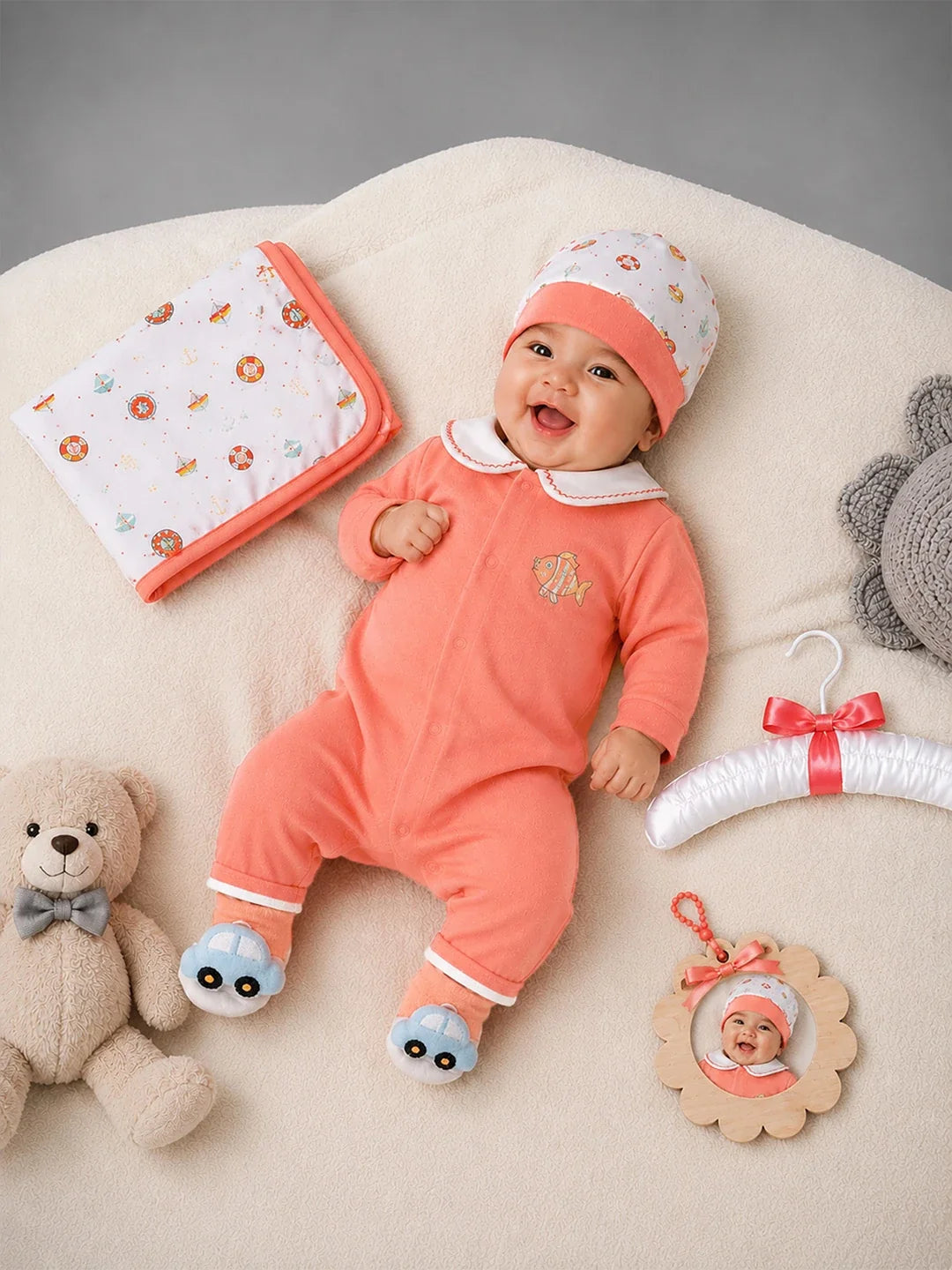 9 Pcs Peach Fish Print Newborn Baby Gift Hamper (0-6 Months)