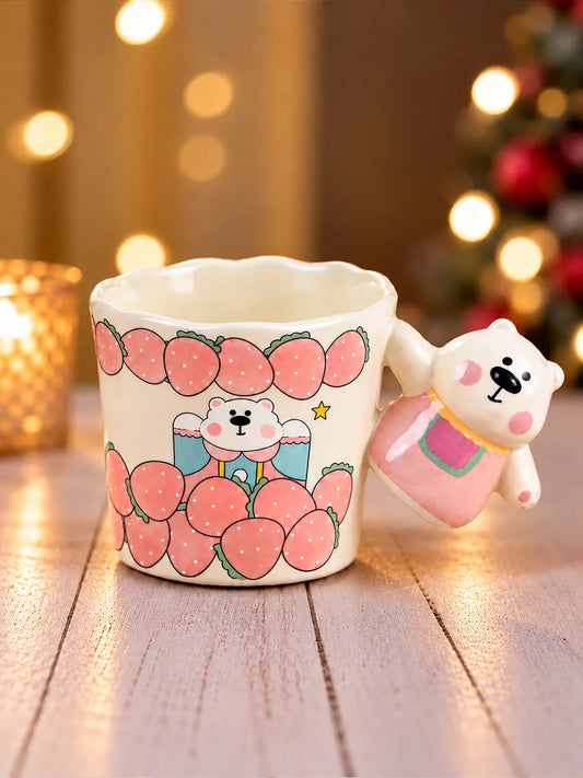 White Strawberry Bear Ceramic Hot Chocolate and Coffee Christmas Mug with 3D Pink Bear Handle