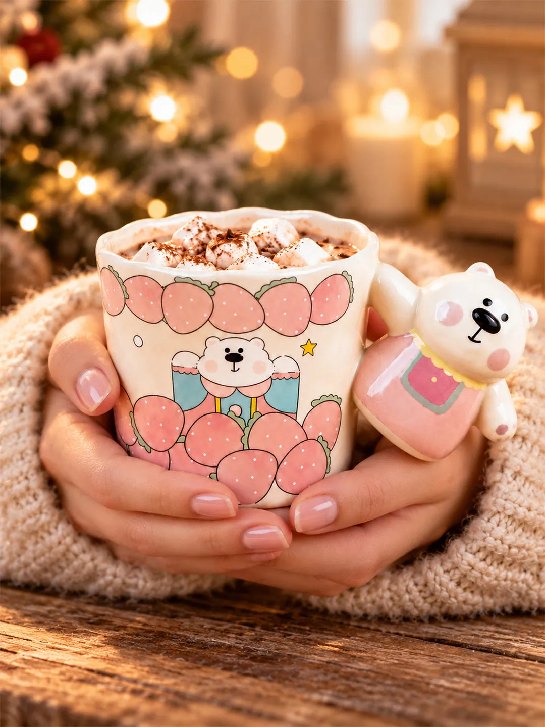 White Strawberry Bear Ceramic Hot Chocolate and Coffee Christmas Mug with 3D Pink Bear Handle