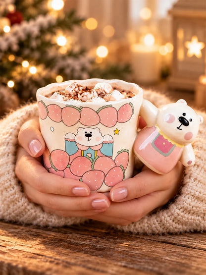 White Strawberry Bear Ceramic Hot Chocolate and Coffee Christmas Mug with 3D Pink Bear Handle