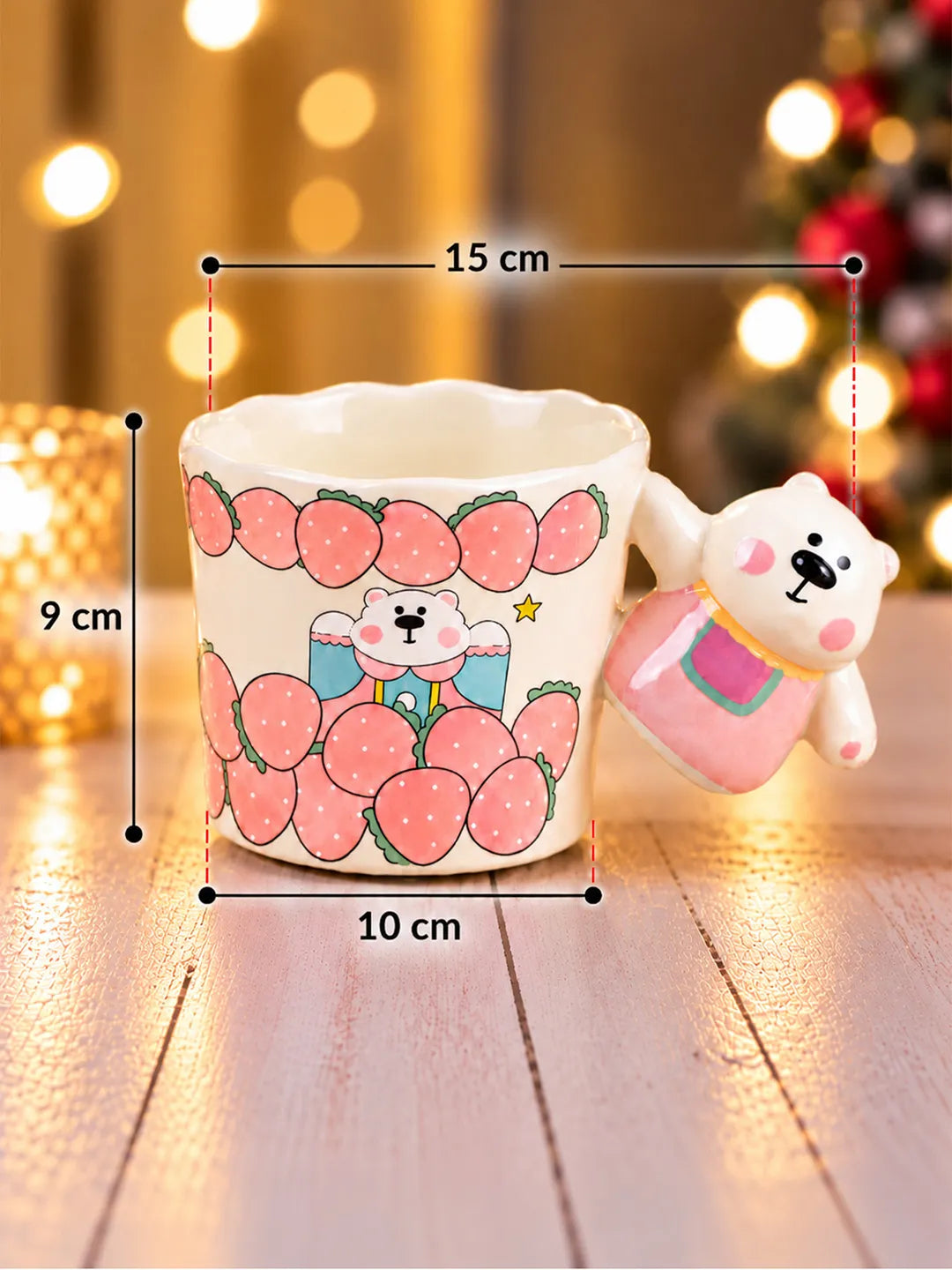 White Strawberry Bear Ceramic Hot Chocolate and Coffee Christmas Mug with 3D Pink Bear Handle