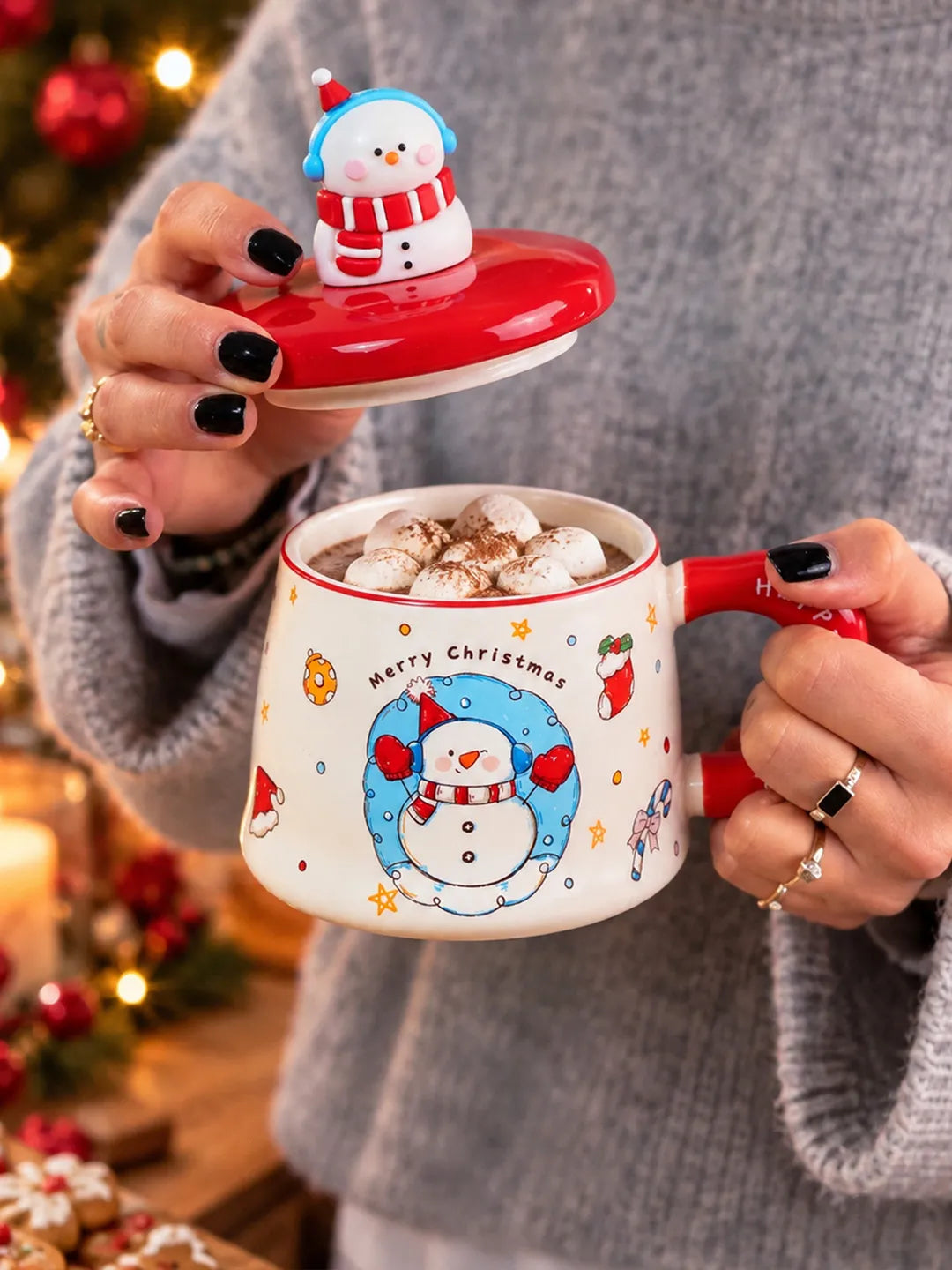 Snowman 3D Lid Ceramic Hot Chocolate and Coffee Christmas Mug