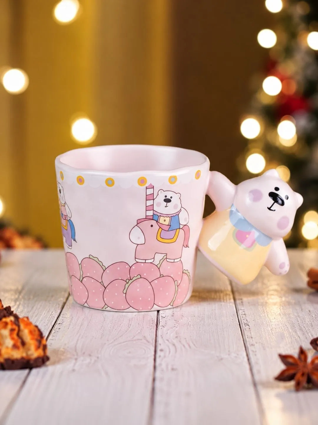 Pink Bear Carousel Ceramic Hot Chocolate and Coffee Christmas Mug with 3D Yellow Bear Handle