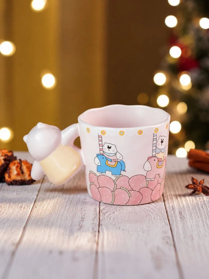 Pink Bear Carousel Ceramic Hot Chocolate and Coffee Christmas Mug with 3D Yellow Bear Handle