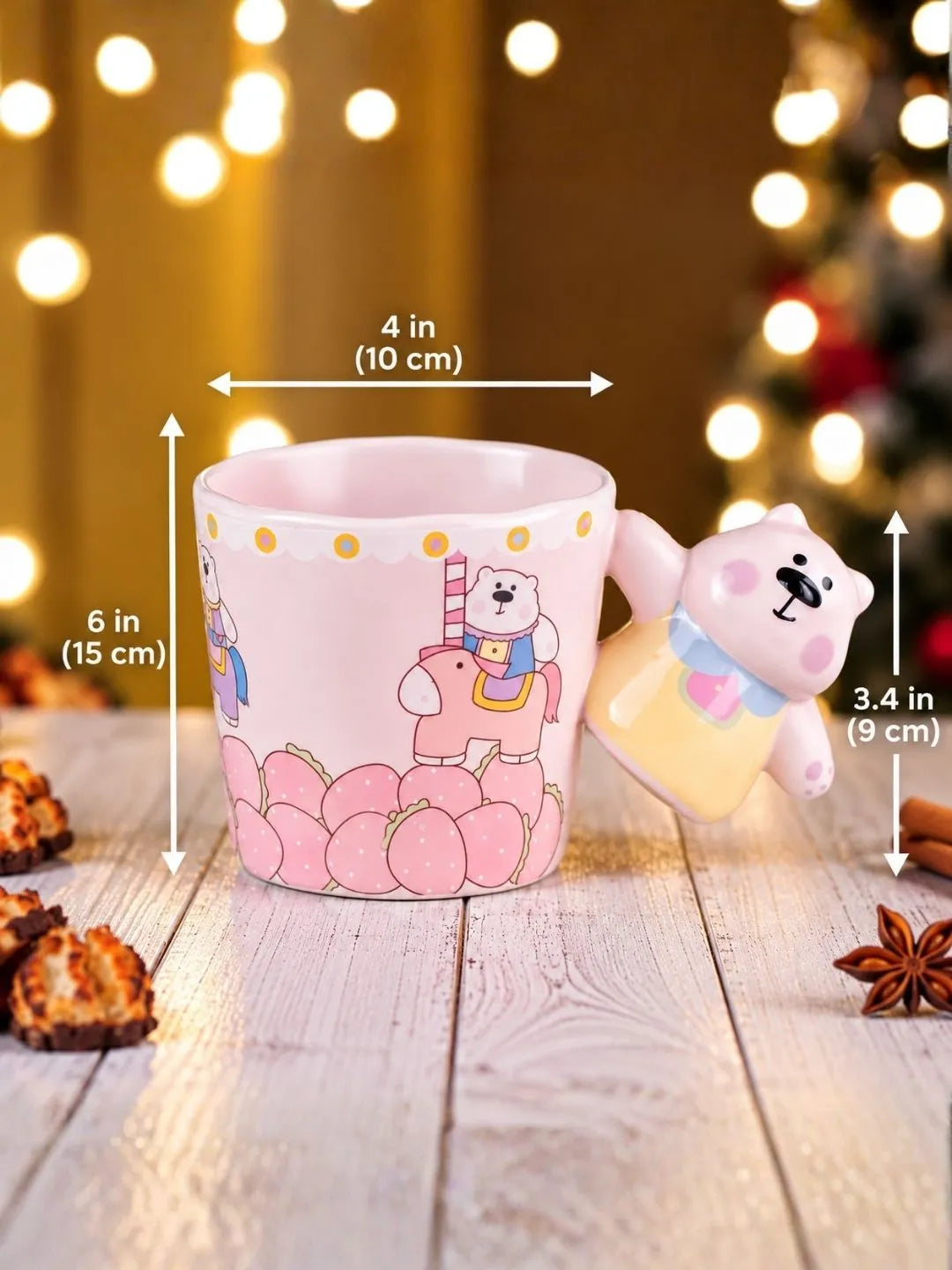 Pink Bear Carousel Ceramic Hot Chocolate and Coffee Christmas Mug with 3D Yellow Bear Handle