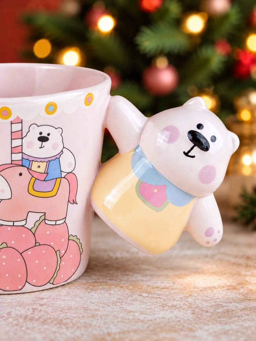 Pink Bear Carousel Ceramic Hot Chocolate and Coffee Christmas Mug with 3D Yellow Bear Handle