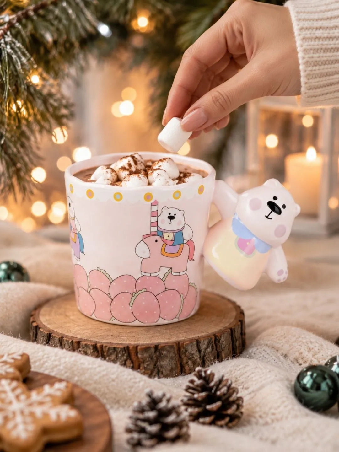 Pink Bear Carousel Ceramic Hot Chocolate and Coffee Christmas Mug with 3D Yellow Bear Handle