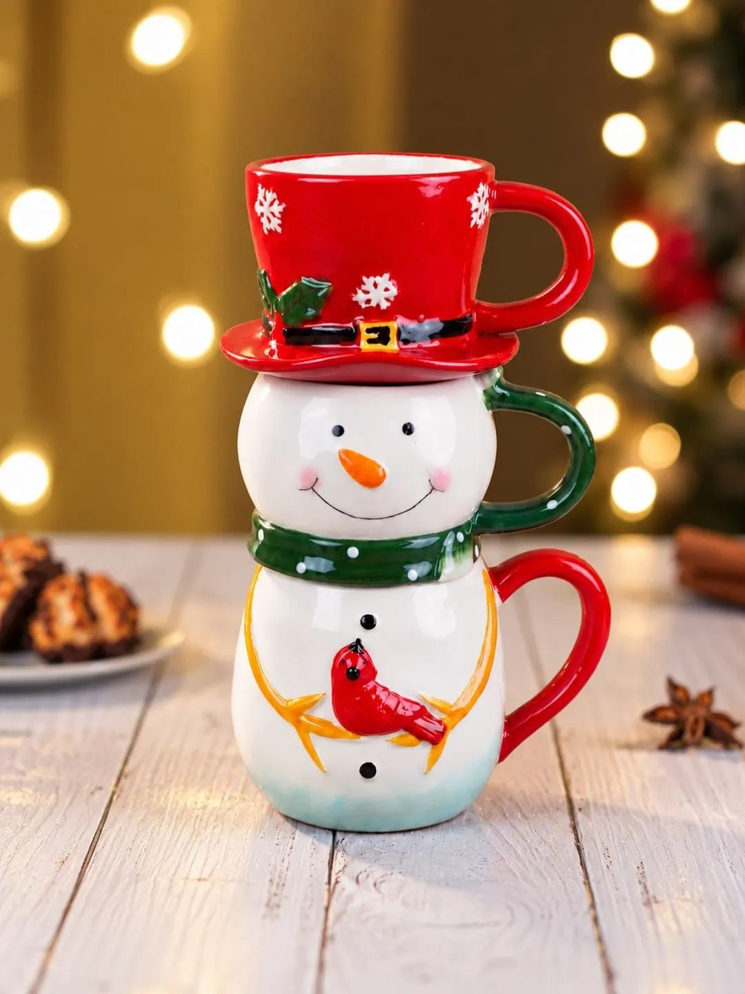 Snowman Themed 3-Piece Stackable Ceramic Christmas Hot Chocolate & Coffee Mugs Set, 9.5 in Height
