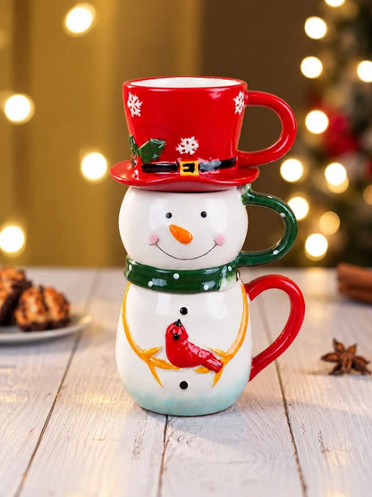 Snowman Themed 3-Piece Stackable Ceramic Christmas Hot Chocolate & Coffee Mugs Set, 9.5 in Height