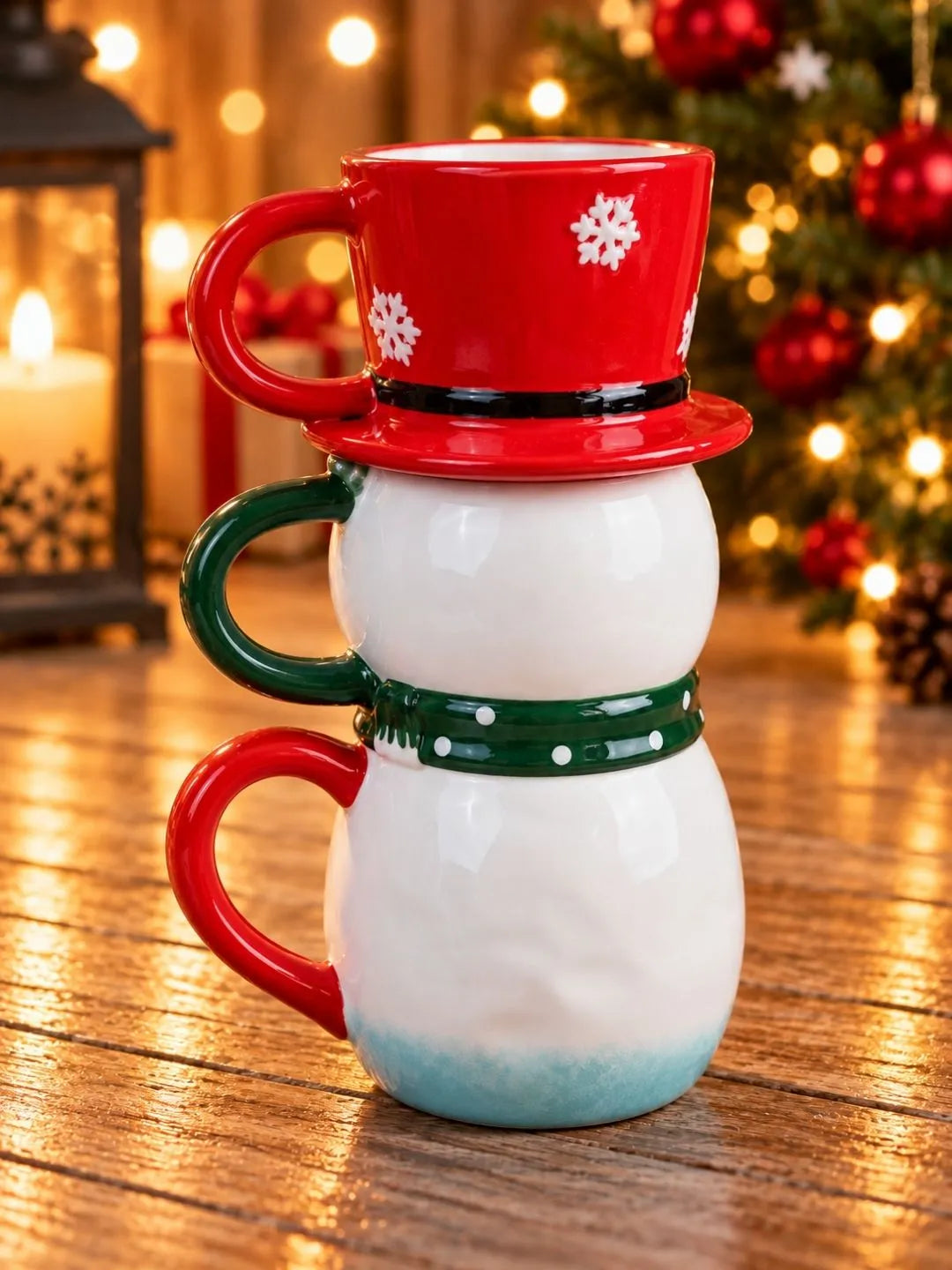 Snowman Themed 3-Piece Stackable Ceramic Christmas Hot Chocolate & Coffee Mugs Set, 9.5 in Height