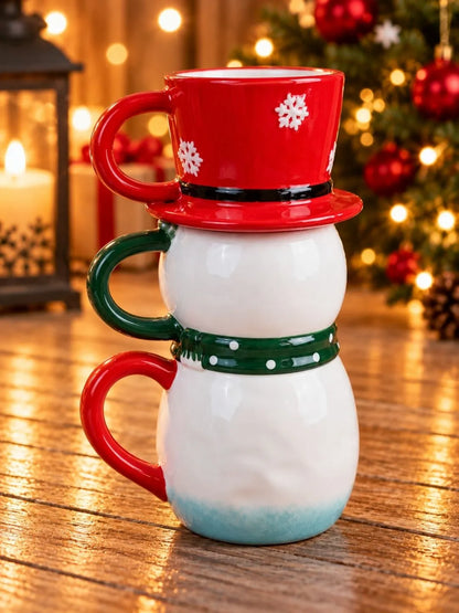 Snowman Themed 3-Piece Stackable Ceramic Christmas Hot Chocolate & Coffee Mugs Set, 9.5 in Height