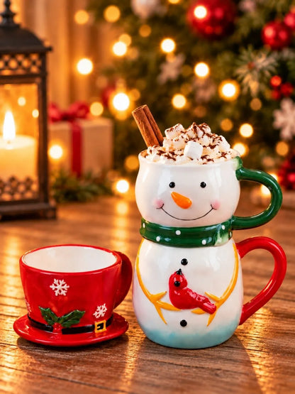 Snowman Themed 3-Piece Stackable Ceramic Christmas Hot Chocolate & Coffee Mugs Set, 9.5 in Height