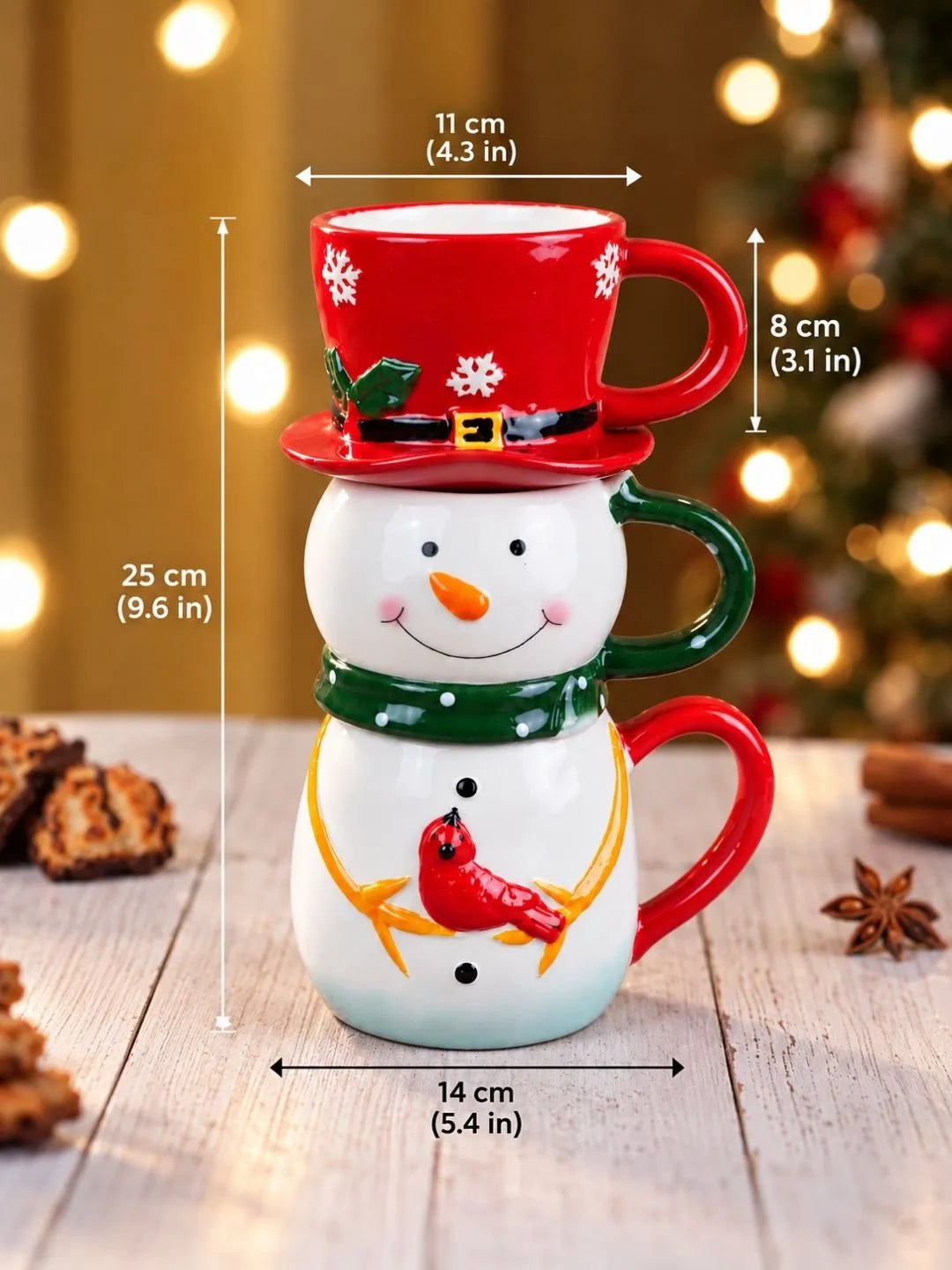 Snowman Themed 3-Piece Stackable Ceramic Christmas Hot Chocolate & Coffee Mugs Set, 9.5 in Height