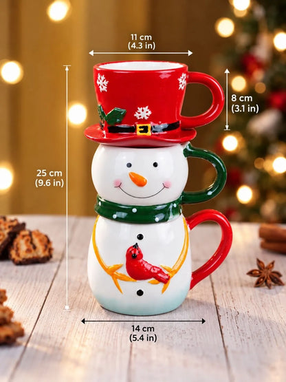 Snowman Themed 3-Piece Stackable Ceramic Christmas Hot Chocolate & Coffee Mugs Set, 9.5 in Height
