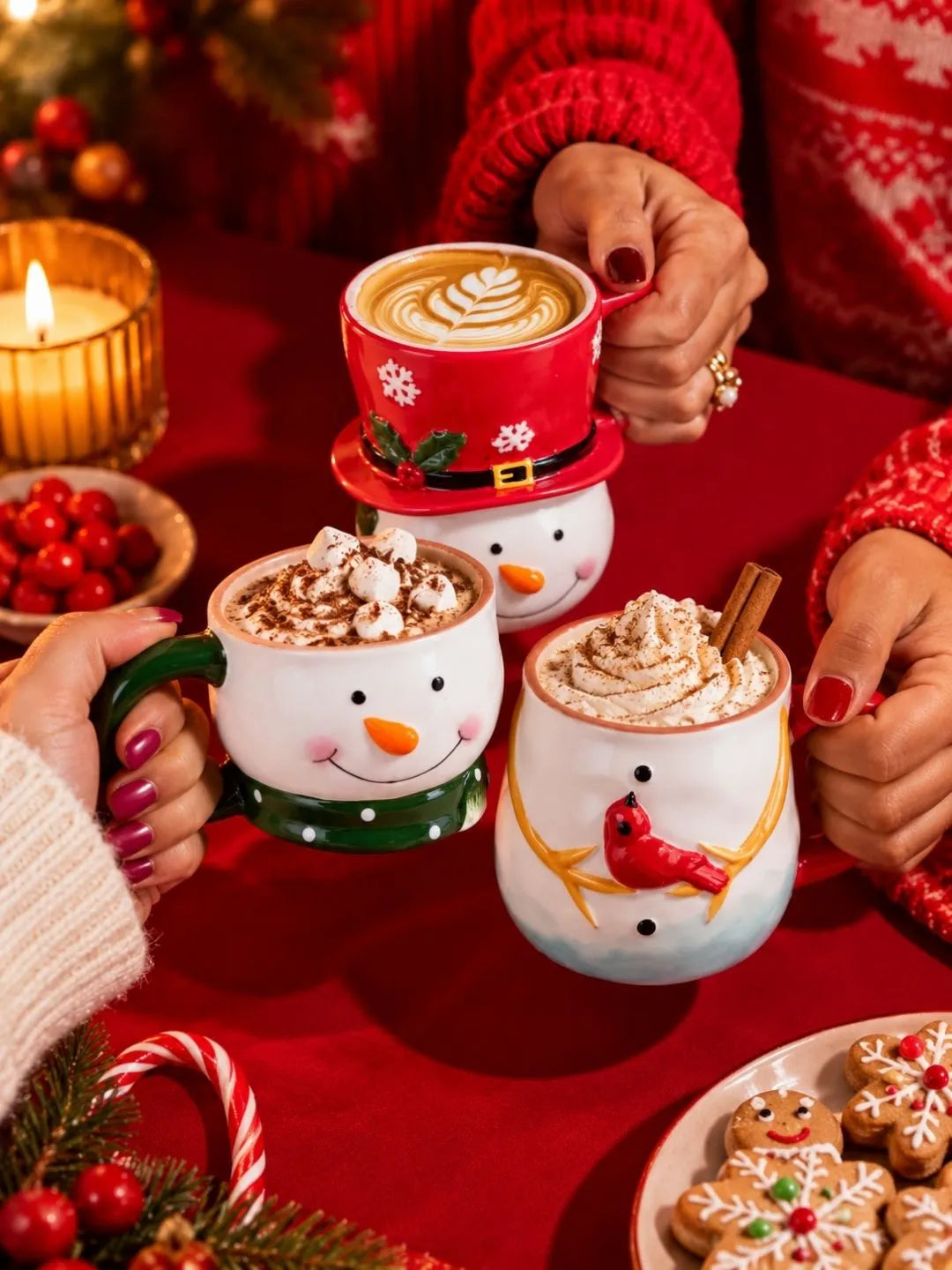 Snowman Themed 3-Piece Stackable Ceramic Christmas Hot Chocolate & Coffee Mugs Set, 9.5 in Height