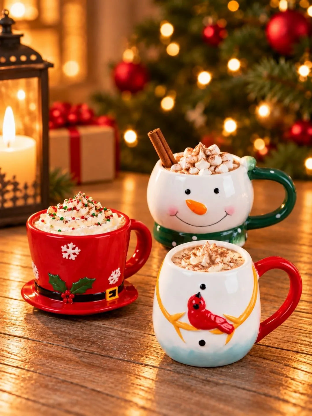 Snowman Themed 3-Piece Stackable Ceramic Christmas Hot Chocolate & Coffee Mugs Set, 9.5 in Height