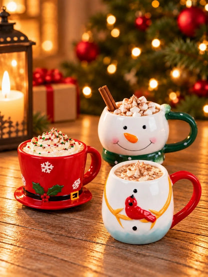 Snowman Themed 3-Piece Stackable Ceramic Christmas Hot Chocolate & Coffee Mugs Set, 9.5 in Height