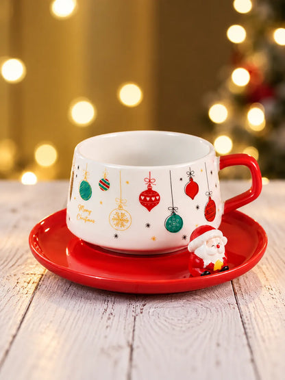 Christmas Baubles Themed Ceramic Cup with 3D Santa Saucer & Spoon Set