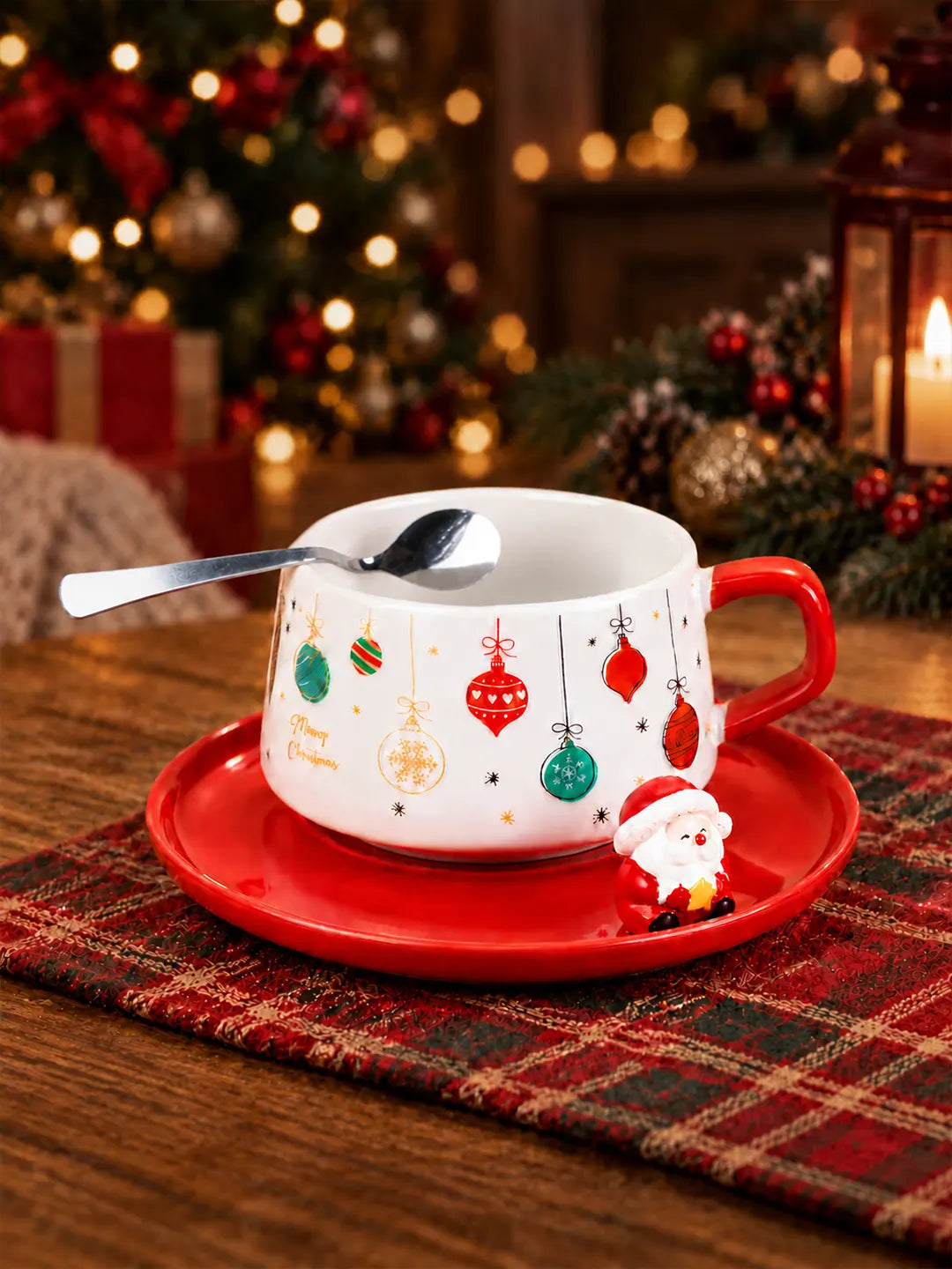 Christmas Baubles Themed Ceramic Cup with 3D Santa Saucer & Spoon Set