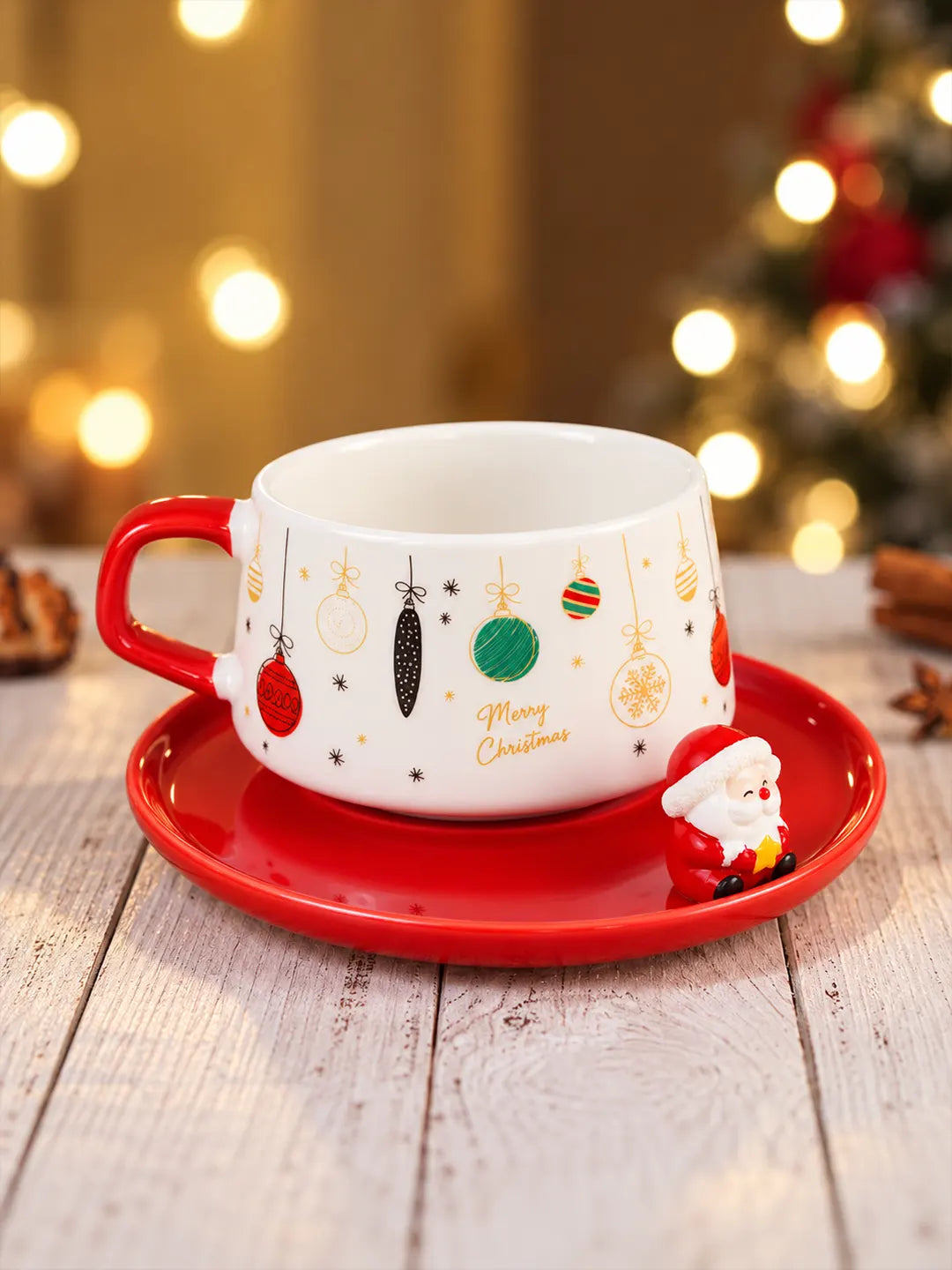 Christmas Baubles Themed Ceramic Cup with 3D Santa Saucer & Spoon Set