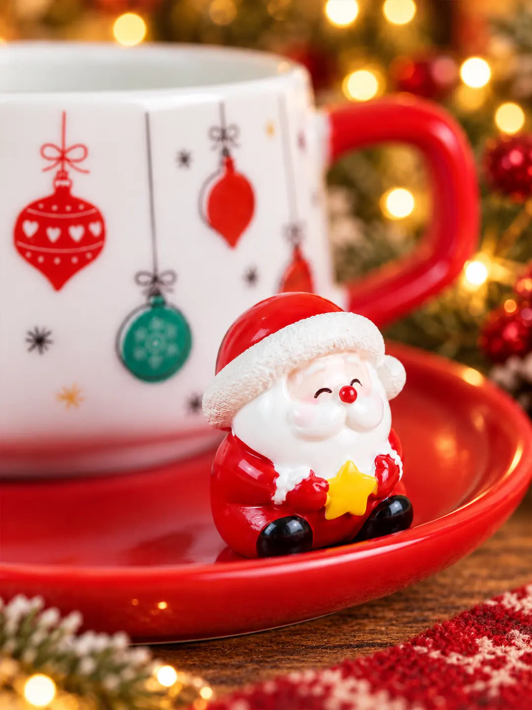Christmas Baubles Themed Ceramic Cup with 3D Santa Saucer & Spoon Set