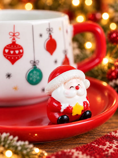 Christmas Baubles Themed Ceramic Cup with 3D Santa Saucer & Spoon Set