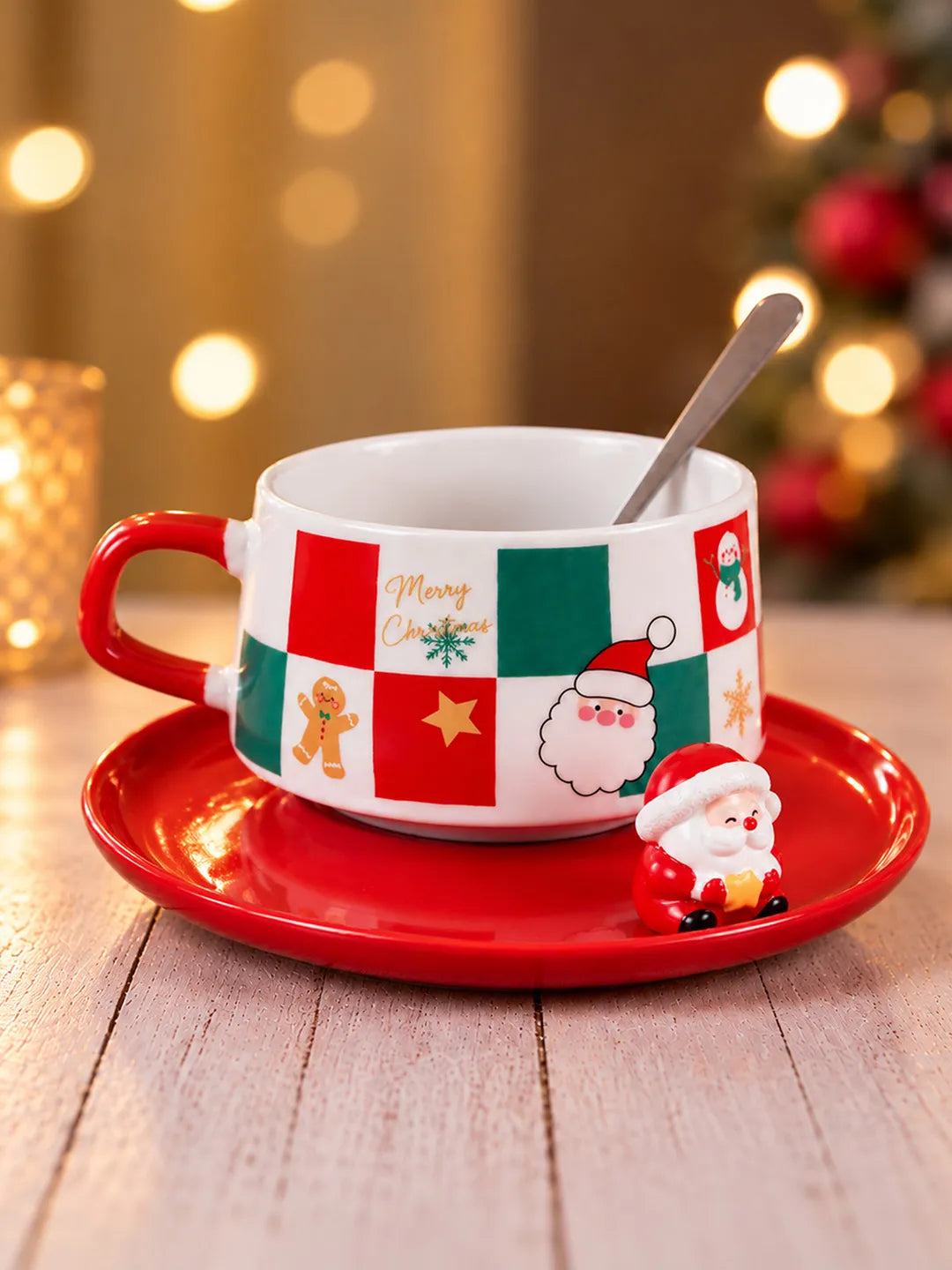 Red & Green Checks Christmas Themed Ceramic Cup with 3D Santa Saucer & Spoon Set