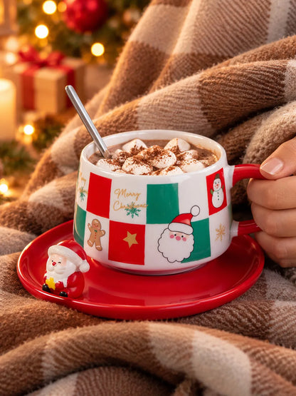 Red & Green Checks Christmas Themed Ceramic Cup with 3D Santa Saucer & Spoon Set