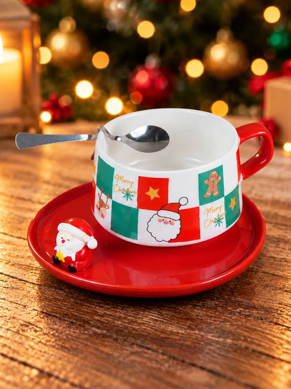 Red & Green Checks Christmas Themed Ceramic Cup with 3D Santa Saucer & Spoon Set