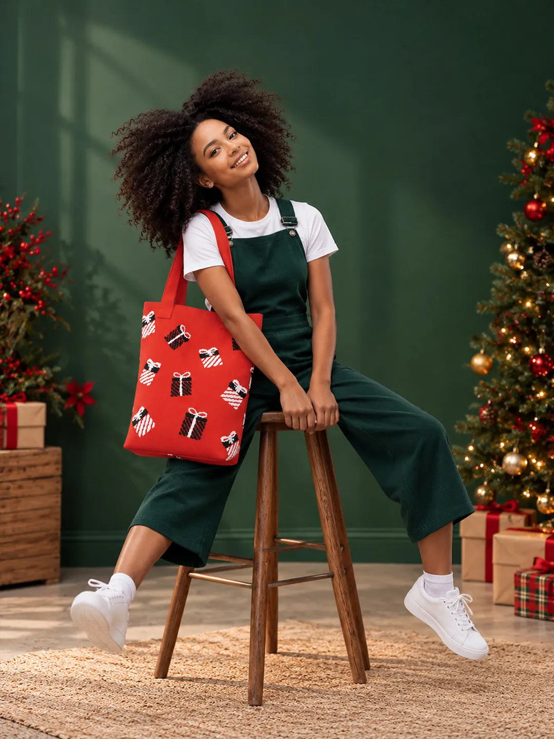 Red Gift Box, Woven Christmas Tote Bag